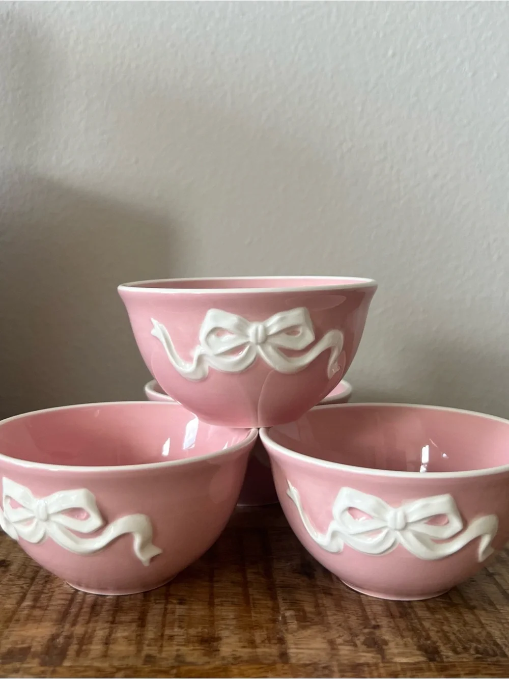 New 4pc Pink Bow Stoneware Small Bowl Set